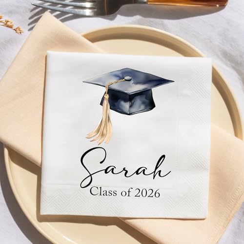 GiveSmiles Personalized Graduation Napkins: Class of 2026 Grad Cap Party Guest Towels Custom Graduation Napkins College Name Graduation Napkin A1