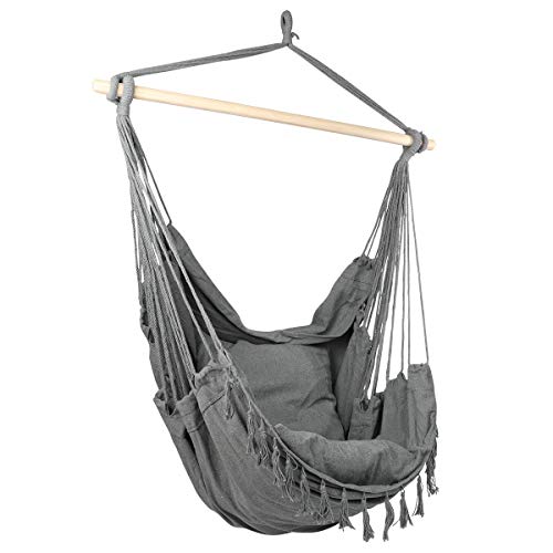 E EVERKING Hammock Chair, Hanging Rope Swing Seat for Indoor Outdoor, Soft Durable Cotton Canvas, 2 Cushions Included, Large Reading Chair with Pocket for Home, Bedroom, Patio, Porch (B-Gray) - Thumbnail 3