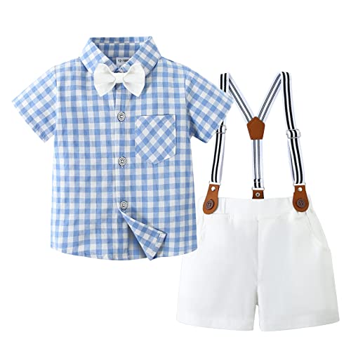 CARETOO Toddler Baby Boy Clothes Suits, Infant Boy Short Shirt+ Suspender Pants Outfit Sets Gentleman Wedding Suit 1-5 Years(Blue,12-18Months)