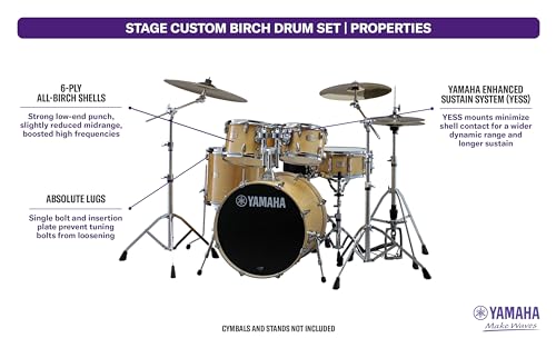 Image of Yamaha Stage Custom Birch 5pc Drum Shell Pack With a 22 inch Kick Drum and 14 inch Snare Drum in Natural Wood For Students and Working Drummers (SBP2F50NW)