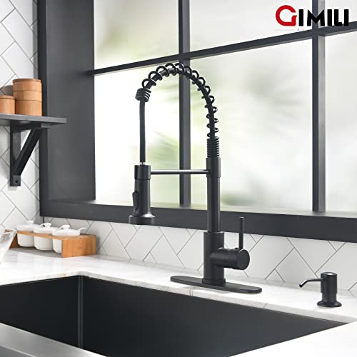Image of GIMILI Matte Black Kitchen Faucet with Soap Dispenser, Commercial Single Handle Spring Pull Out Kitchen Sink Faucets with Pull Down Sprayer