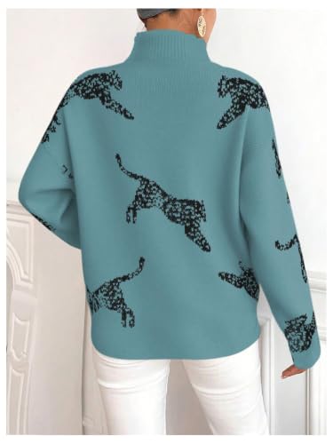 Image of WDIRARA Women's Leopard Tiger Print Sweater High Neck Long Sleeve Fuzzy Knitted Pullover Top