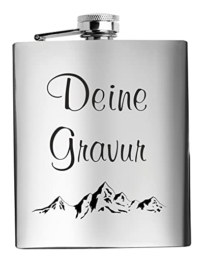 Edelstahl Flachmann 200 ml silber inkl. individuelle Gravur in Schwarz - personalisiertes Geschenk für Geburtstag Weihnachten Vatertag Trauzeugen - 5 Zeilen (Silber)
