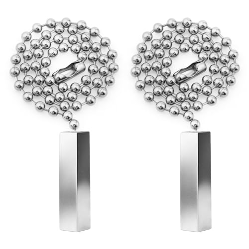 Image of 2Pack Minimalist Rectangular Ceiling Fan Pull Chain Extension | Silver 12 Inch 3mm Ball Beaded String Pull Charm Ornament with Connector for Fan Light Fixtures Replacement Home Decorations