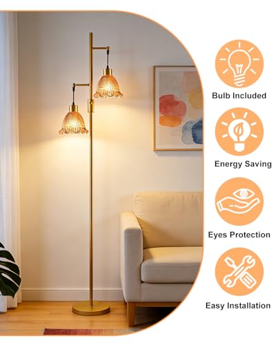 Image of Lightdot 65IN Gold Flower Floor Lamp for Living Room, 2- Light Dimmable Floor Lamps with Deep Red Glass Lampshade,3000K Warm White Modern Standing Tall Lamp with 5Lbs Heavy Base for Bedroom Sofa