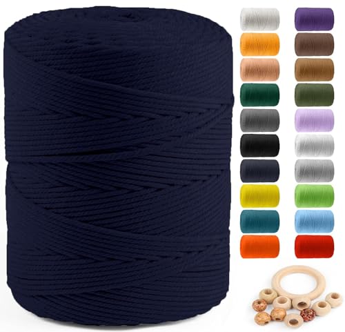 Image of ZUEXT Macrame Cord, Navy, 4mm x 547yds Cotton String Macrame Yarn | Natural Handmade, 4 Strands Twisted Cotton Rope, for Craft Wall Hanging Weaving Tapestry Dream Catchers Hanger DIY Gift, 500m