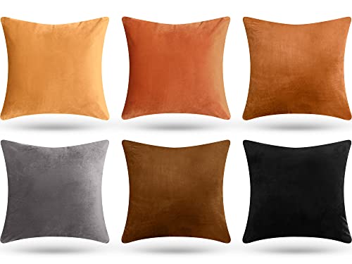 Remagr Pack of 6 Decorative Velvet Throw Pillow Covers Solid Square Soft Pillowcase Set Cushion Cases for Sofa Couch Bed Car Christmas Fall Home Decor 18 x 18 inch(Orange Color Scheme)