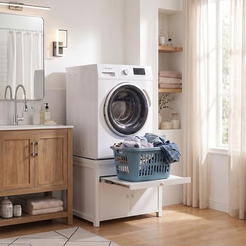 Image of 2 Pack Washer and Dryer Pedestals Stand With Pull-out Shelf, 29 inch W Universal Fit Metal Laundry Pedestal with Bulit-in Drain and Enclosed Storage, Anti-Vibration, 770 LBS Capacity, 23 inch H, White