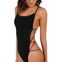 Evankin Womens' Sexy Bodysuit Lace up Backless Black Jumpsuit Women's Sleeveless Beach Swimsuit Slim Fit Round Neck Costume