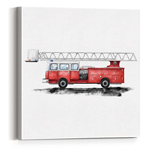 Image of Fire Truck Canvas Wall Art Framed Transportation Firetruck Painting Print Watercolor Boys Nursery Canvas Wall Decor for Home Bedroom 12x12 Inch