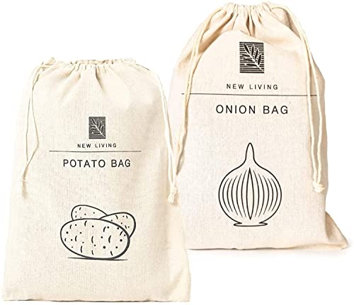 Sac à pommes de terre et sac à oignons | Matériau en lin et coton | Produit écologique | par New Living | Sac de rangement alimentaire | 26 x 38 cm