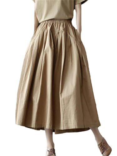 Womens Spring Solid Loose Leisure A-Line Skirts Ladies Elastic Length Mid-Calf Skirt2