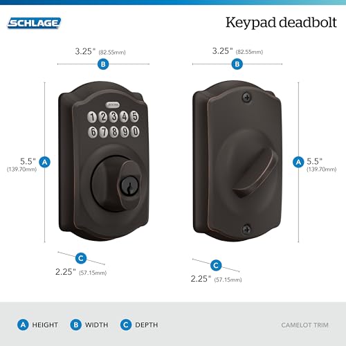Image of Schlage Camelot Electronic Keypad Deadbolt Lock, Keyless Front Door Entry, Mechanical Key Backup Included, Aged Bronze, BE365 V CAM 716