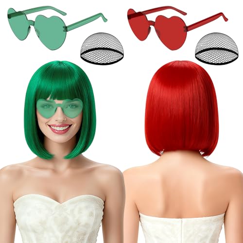 Image of 2 Pack Colored Bob Wigs and Heart Sunglasses Set, Green Red Short Straight Bob Wig with Bangs Neon Party Colorful Synthetic Hair for Women Men Halloween Costume Bachelorette Party Favors