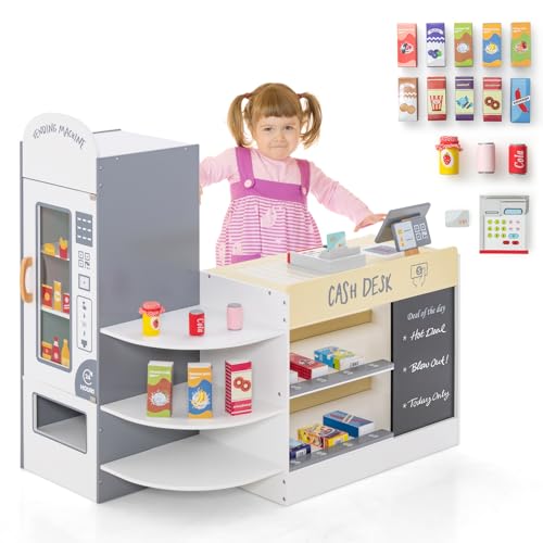 DREAMADE Kasse Kaufladen Kinder, Kaufmansladen Holz mit realistischer Kasse & Verkaufsautomat, Spiel-Supermarkt mit 15 Zubehör & Kreidetafel, Verkaufsstand Spielzeug Set für Kinder ab 3 Jahren (Weiß)