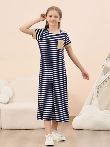 GORLYA Girls Contrast Striped Loose Casual Long Shift Swing Patch Pocket T-Shirt Maxi Dress 6-14Y4