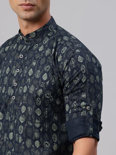Image of Majestic Man Men's Pure Cotton Printed Mandarin Collar Regular Fit Roll-Up Sleeves Short Kurta