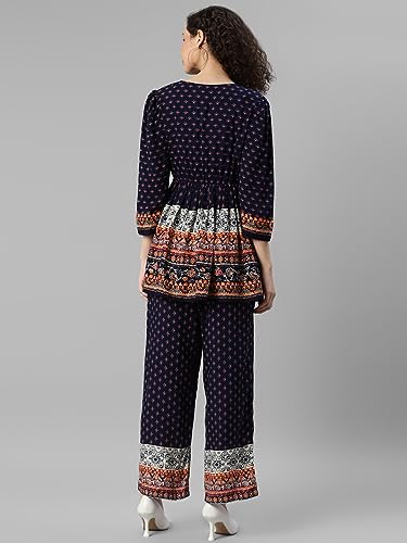 Image of DEEBACO Women's Ethnic Motifs Rayon Peplum Flared Tunic & Pants Co Ord Set for Women V Neck & 3 /4 Puff Sleeve Ladies Party Casual Wear for Girls Relaxed Fit Cord Set (DBCOMR00000912 XL Navy Blue)