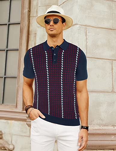 Men's Knit Polo Shirts 50S Retro Houndstoothd Shirt Italian Button Down Polos Casual Breathable Vintage Sweater Royal Blue #TOP2
