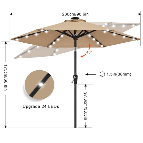 Image of ABCCANOPY Durable Solar Led Patio Umbrellas with 24LED Lights 7.5FT with 6 Sturdy Ribs (Tan)