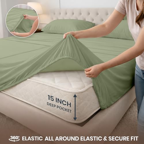 Image of SGI Split King Sheet Set for Adjustable Bed Egyptian Premium Cotton 600 Thread Count Sheets for Sleep Number Bed 15 inch Deep Pocket 5 Pc Set with 2 Twin XL Fitted Sheets Soft Breathable -Moss
