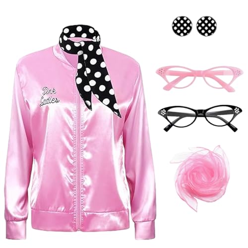 GWAWG Pink Ladies Jacket Grease Fancy Dress Women,Lady Jackets Adults with 1950s Accessories,50s Ladys Pink Satin Jacket for for Women Halloween Christmas Carnival, 80s Party (Ladies, XL)