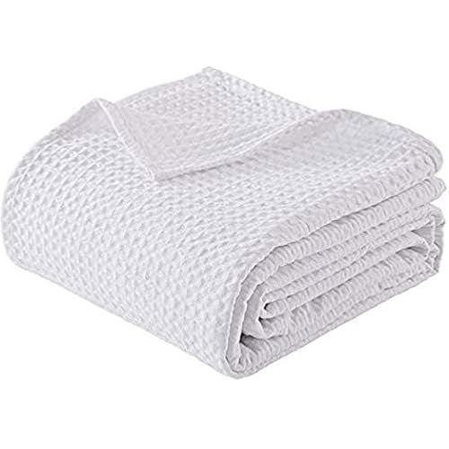 100% Cotton Blankets Full Size for Bed - White 405GSM Waffle Weave Soft Lightweight Thermal Bed Blankets Full Size, 90x90 inches