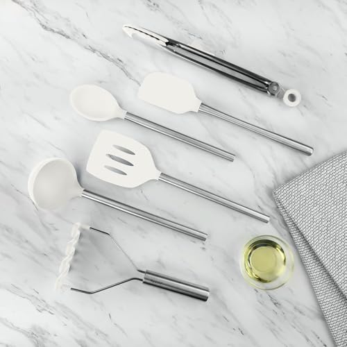 Image of Tovolo Silicone Cooking Utensil Set of 6 Stainless Steel Handle Ladle Slotted Turner Tongs Flex Core Spatula Scraper Mixing Spoon & Potato Masher, Dishwasher Safe BPA Free Utensils, White