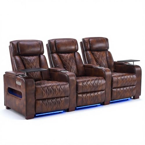 Image of Luxury Home Theater Seating - Power Recliner with Adjustable Headrests, Blue LED Ambient Lighting, Tray Table, USB & Type-C Charging (Light Brown,3 Seat)