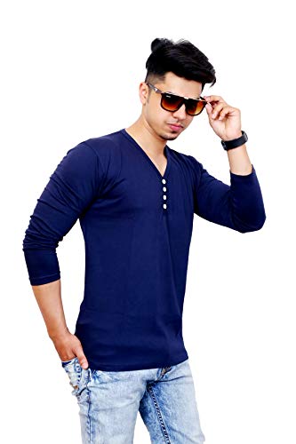 Image of Men's Cotton Full Sleeves V-Neck Casual T-Shirt (Blue)
