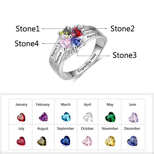 Love Jewelry Personalized Sterling Silver Mothers Rings with 4 Heart Simulated Birthstones Family Names Mom Rings Anniversary Mothers Day Rings for Women (6)2