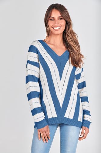 Image of PRETTYGARDEN Women's V Neck Striped Knit Pullover Sweater