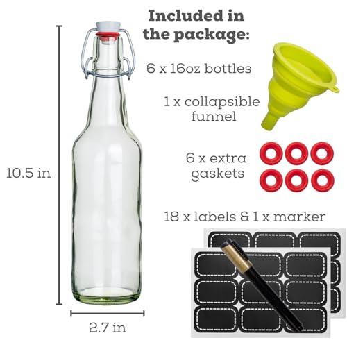 Image of WILLDAN Set of 6-16oz Swing Top Glass Bottles - Flip Top Brewing Bottles For Kombucha, Kefir, Vanilla Extract, Beer - Airtight Caps and Leak Proof Lids, Bonus Gaskets and Funnel