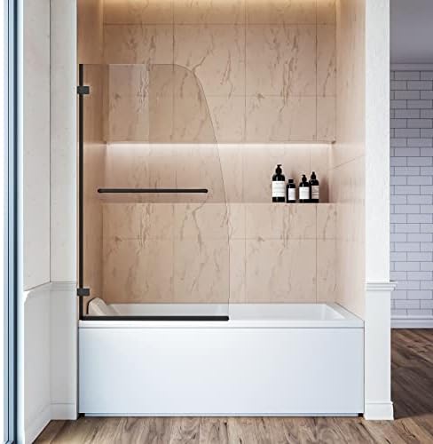 SUNNY SHOWER Frameless Shower Door for Bathtub,Hinged Tub Screen,Tempered Glass Tub Door,34" W x 58" H,Black Finish