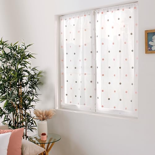 ED ENJOY HOME Paire de Vitrage Passe Tringle, Blanc, 60x160cm, Motif Gris/Rose Rond Brodé, 100% Polyester, Collection Smarties