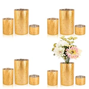 Gold Vase Tea Lights Votive Candle Holders, Mercury Glass Hurricane Pillar Candle Holder Bulk for Wedding Decor Party Table Centerpieces(4 Set 12Pcs)