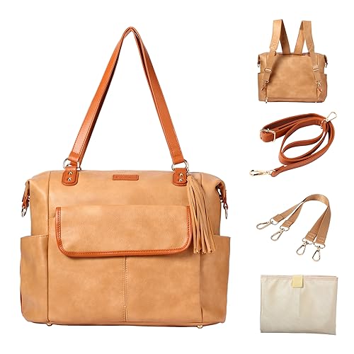 Johomviin Diaper Bag Tote Fashion Leather Diaper Bag Backpack with 13 Pockets for Mom Dad, Large Travel Baby Bag Purse for Boys Girls with 3 Insulated Pockets, Changing Station - Light Brown