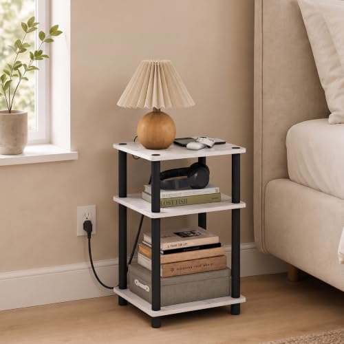 Image of Furinno Just 3-Tier Night Stand with Charging Station, Light Marble | USB and Type-C Charging Port, Open Shelf Bedside Table, Side Table, End Table, for Living Room, Bedroom