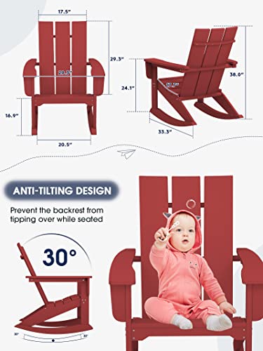 Kingyes Rocking Adirondack Chair ｜Modern Porch Rocker｜Weather Resistant Rocking Chair｜Hdpe Curved Backrest Plastic Adirondack Rocker For Outdoor, Patio, Deck, Backyard - Red #TOP2