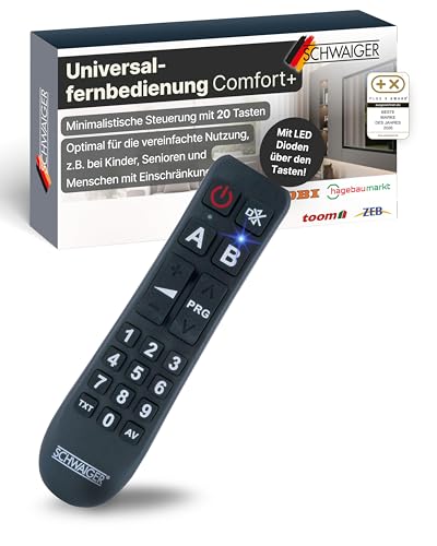 SCHWAIGER Universalfernbedienung Comfort+ I Seniorenfernbedienung mit 20 Tasten I einfache Bedienung I Ersatzfernbedienung für 2 Geräte I vorprogrammiert für Samsung, LG, Sony, Philips, Panasonic