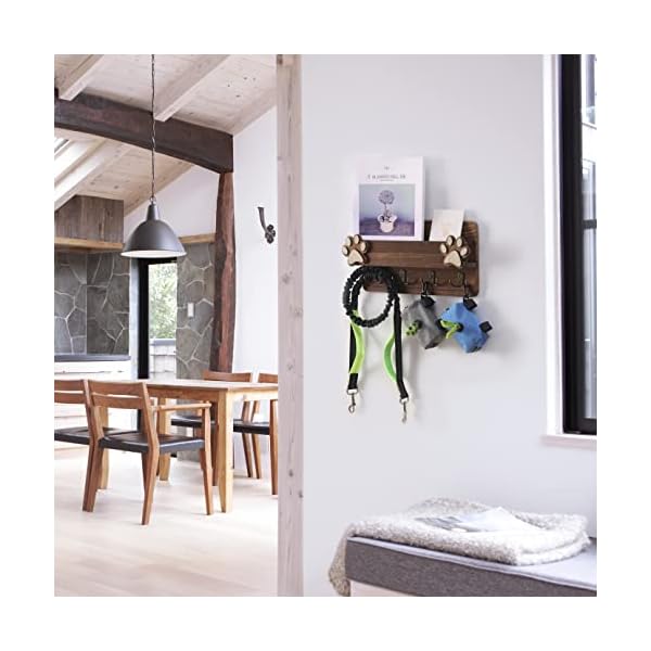 Hirusticate-Wood-Dog-Leash-Holder-for-Wall-with-4-Brass-Hooks-for-Dog-Collar-Pet-Treats-as-Key-and-Mail-Holder-for-Wall-Dog-Poop-Bag-Holder-Coat-Rack-Wall-MountBrown Stylish Hirusticate Wood Dog Leash Holder with Brass Hooks | Pet Organization