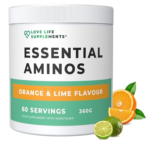 EAA Amino Acids Powder, All 9 Essential Amino Acids Including BCAA's, Orange & Lime Flavour, 360g - 60 Servings (5g of EAA's per Serving) - Love Life Supplements