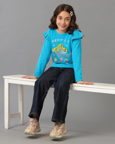 Image of Girls Cotton Tops Collection - Round Neck, Crop Top, Full & Half Sleeve, Drop Shoulder, Ruffle Sleeve, Graphic Printed, Embroidered & Slub Knit Styles, Soft Breathable Fabric for Kids Casual Wear