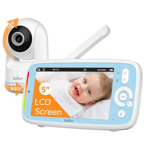 BOIFUN Babyphone Camera Sans WiFi ni Ondes 5" 720P IPS (Modèle Amélioré), Vision Nocturne Infrarouge Invisible, Camera Bebe 360°, Batterie Longue Durée 24h, Portée Longue Distance, Audio Clair