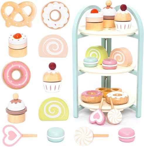 UMU Wooden Dessert Playset Pretend Play Kitchen Toy with Stand Cupcakes Donuts Macarons Candy & More Wooden Play Food Set for Kids Ages 3 4 5 6