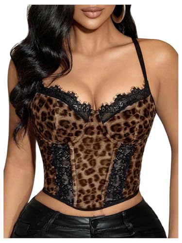 WDIRARA Women's Leopard Lace Corset Bustier Cami Top Lace Up Back