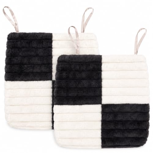 Image of Amazon Brand - Umi Black & White Checkerboard Faux Fur Chair Seat Cushions, 16x16 Inch Fluffy Dining Chair Pads with Ties, Foam-Filled Kitchen & Bar Stool Cushions, Set of 2
