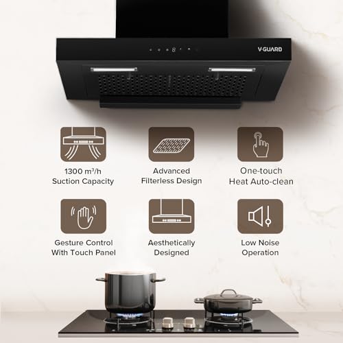 Image of V-Guard T10 60 cm Kitchen Chimney | 1300 m /h High Suction Capacity | Filterless Chimney | One-Touch Heat Auto Clean | Touch Panel with Gesture Control