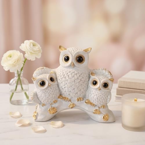Image of Amazon Basics Charming Owl Family Figurine for Home & Office Decor | Artistic Ceramic Owl Showpiece for Living Room, Shelf, Study Table & Entrance Styling (White & Gold)