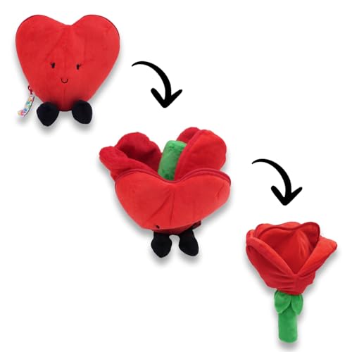 FLIPETZ - Peluche Transformable 2-en-1 Cœur Qui se transforme en Fleur - Rouge, Design Créatif avec Fermeture Éclair, Cadeau Saint-Valentin, 21 à 28 cm